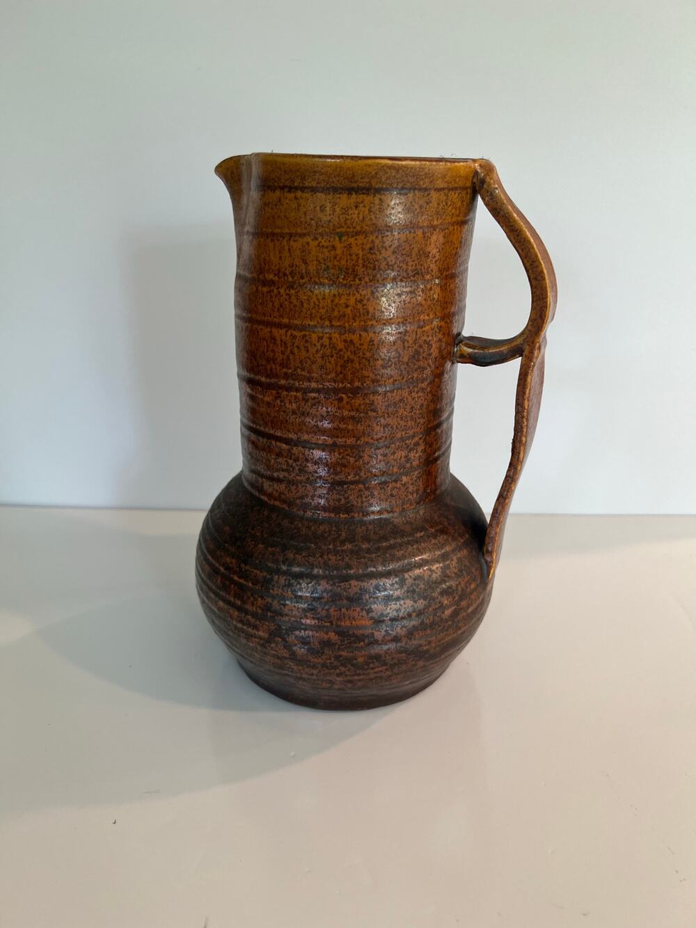 Vintage Mid-century Rare Salt Glaze Pitcher Double Handle Unique JL